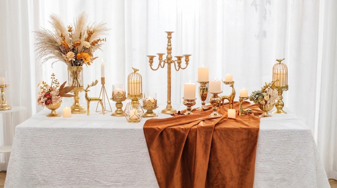 Styled table setting with gold candle holders, lanterns, dried florals and a terracotta runner