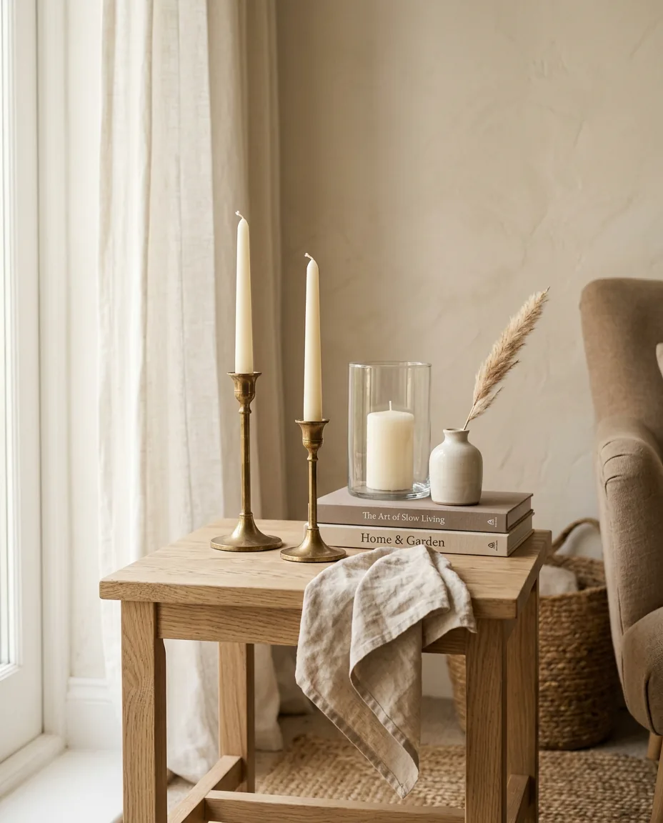 Brass candlesticks and a glass hurricane candle on an oak side table in warm daylight