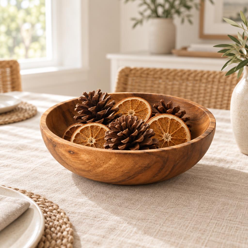 Acacia wood bowl with pine cones and dried orange slices on a linen-covered table